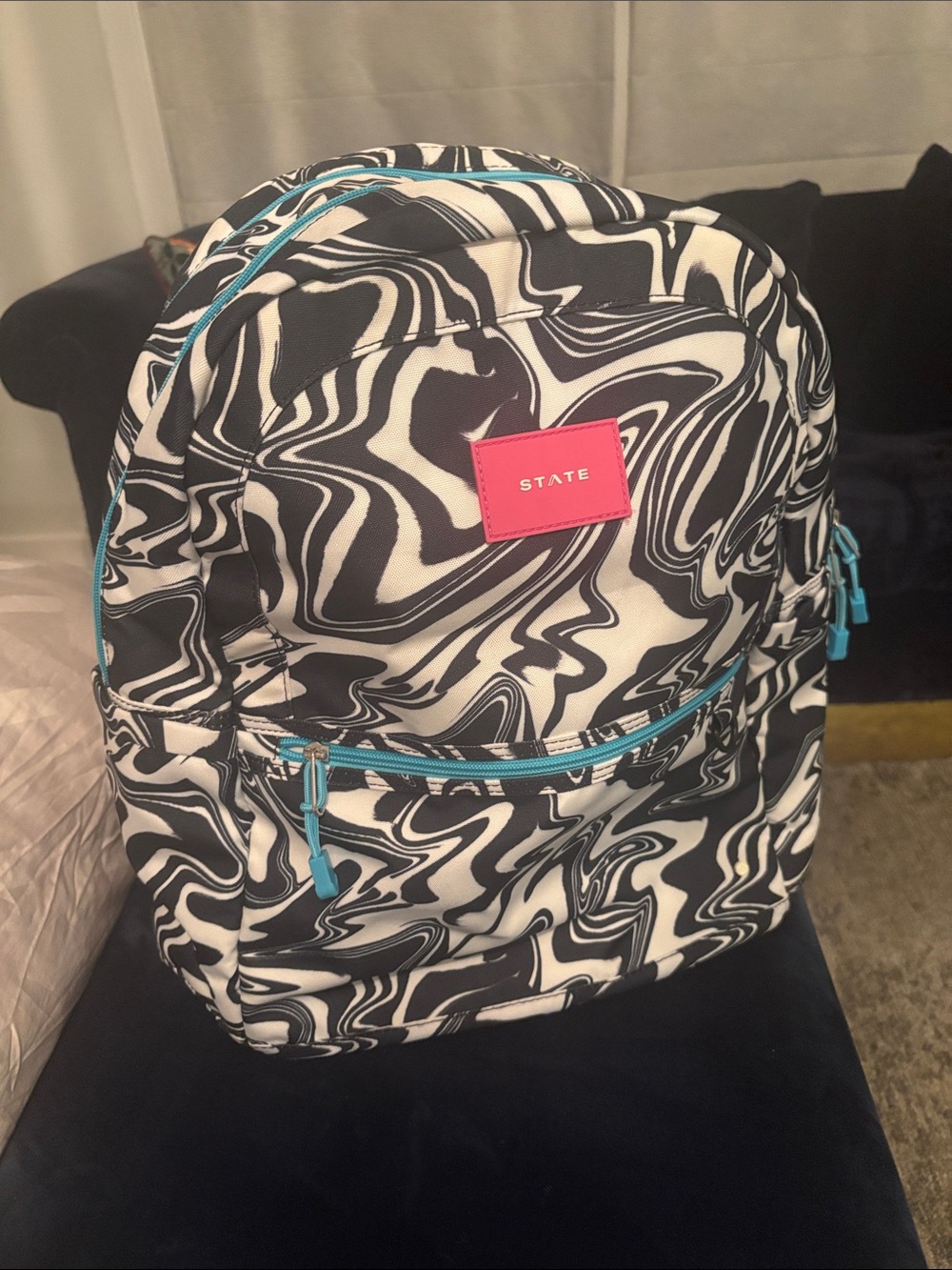 STATE Black & White Swirl Backpack with Turquoise Trim